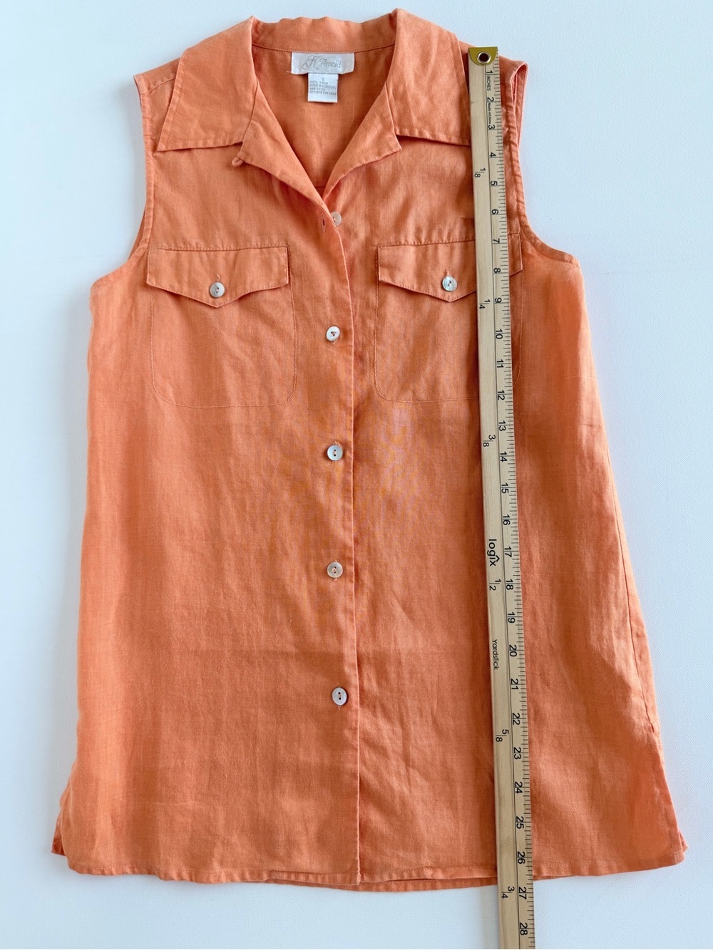 K Arnold 100% Linen Sleeveless Button Front Camp Shirt Orange Size Small - Picture 7 of 8